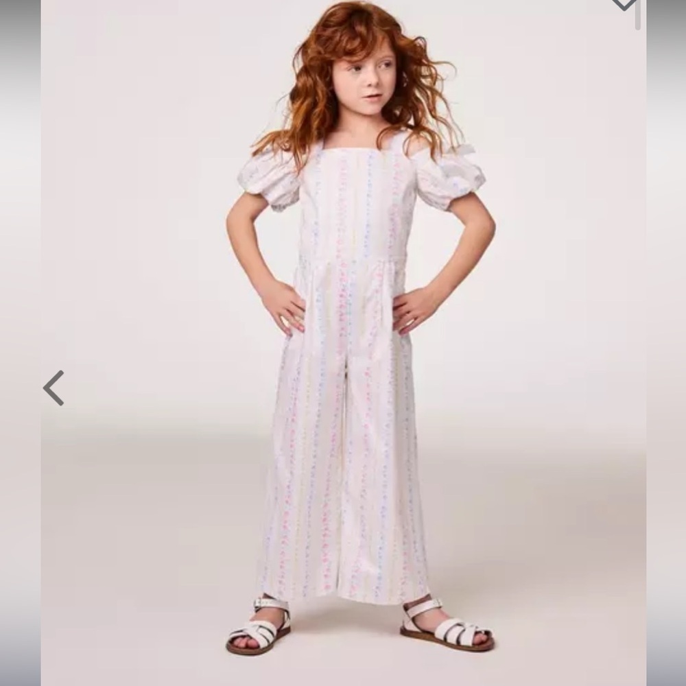 Janie & Jack girls 
Floral Striped
Jumpsuit white bow sleeve spring casual $80